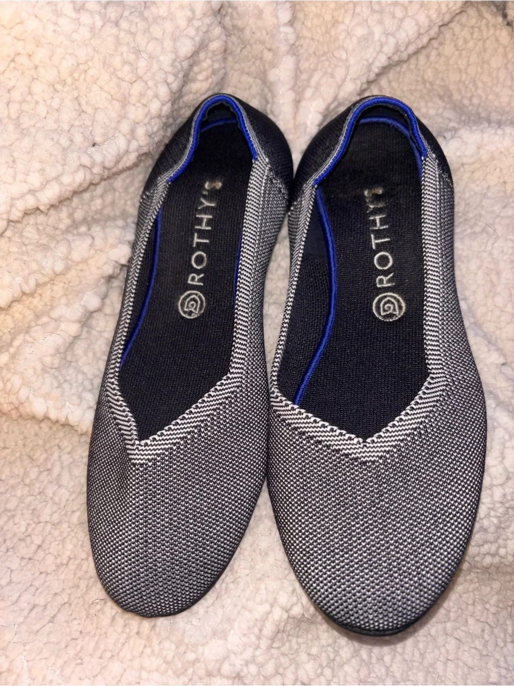 Rothy’s The Flat Gray Black Knit Blue Trim Washable Size 11 US
